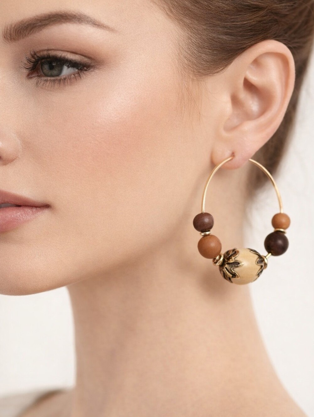 Boho Beaded Hoop Earrings – Natural Wood Look Beads, Gold-Tone Wire – Jewelry #3